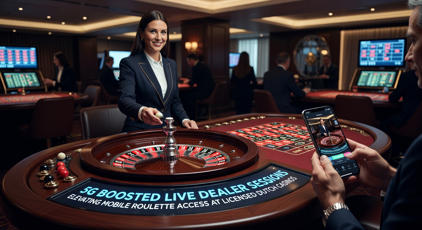 Live dealer roulette sessie op een mobiel scherm met 5G-signaal, zichtbaar in een Nederlands casino-omgeving