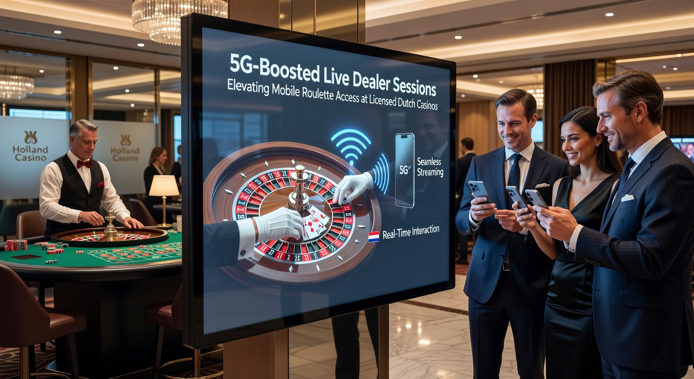 Smartphone met 5G-icoon toont live roulette wiel met dealer, omringd door Nederlandse vlag en casino-elementen