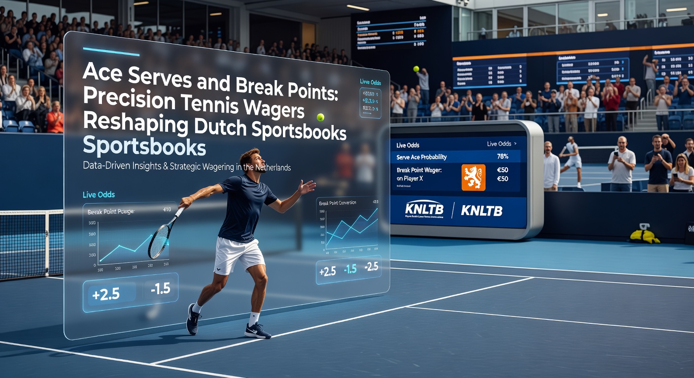 Tennisser serveert een ace tijdens een intense wedstrijd op een grandslam-toernooi, met bookmakerschermen op de achtergrond