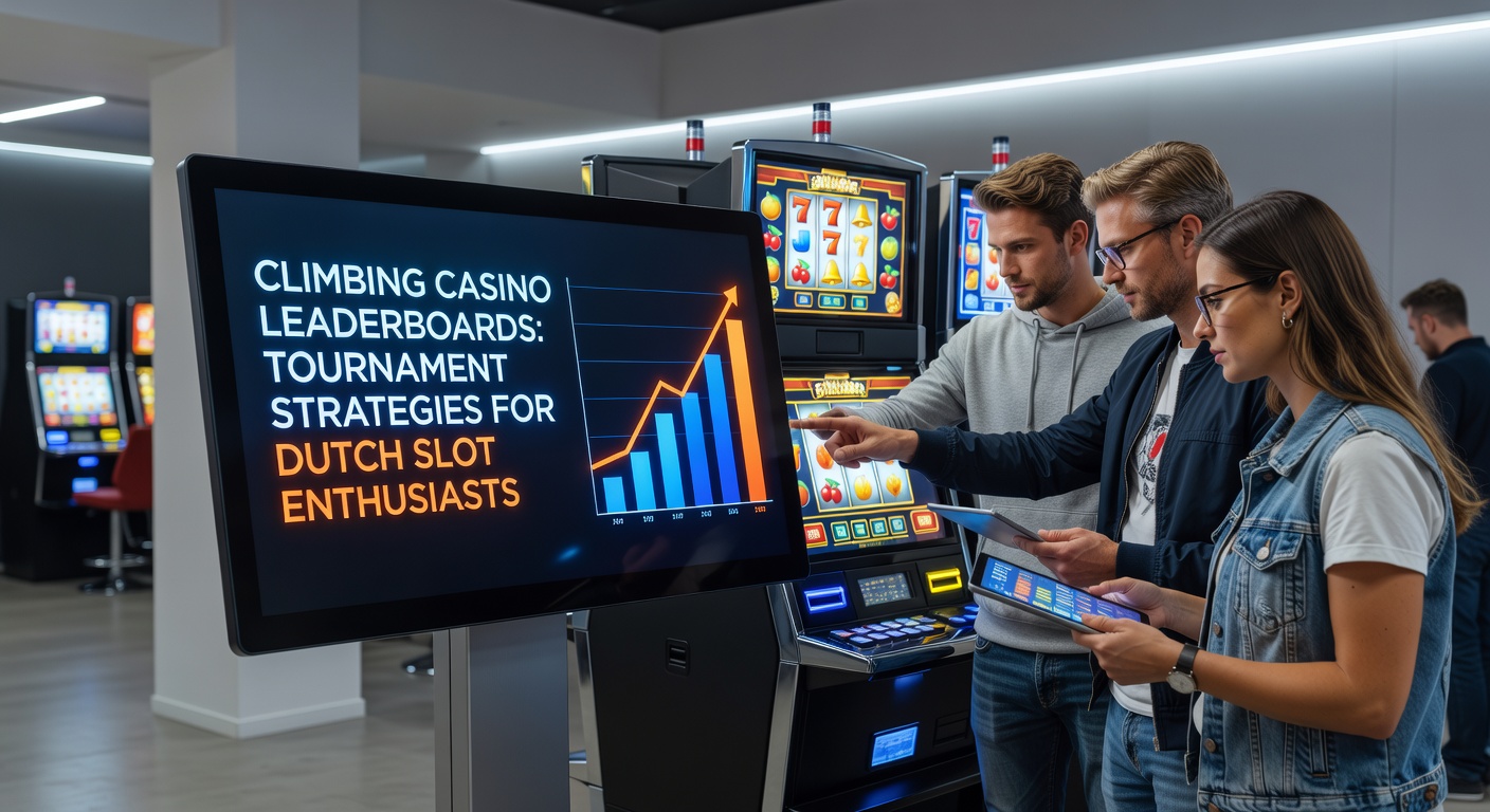 Een speler staart geconcentreerd naar een gloeiend leaderboard op een casino-scherm, met stijgende scores en slot-symbolen die ronddraaien in de achtergrond