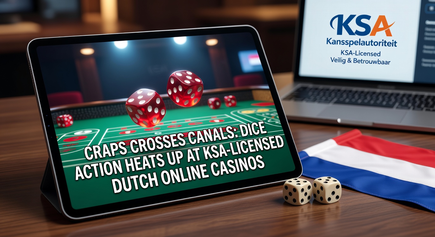 Dobbelstenen rollen over een digitale craps-tafel in een Nederlands online casino, met KSA-logo zichtbaar op de achtergrond