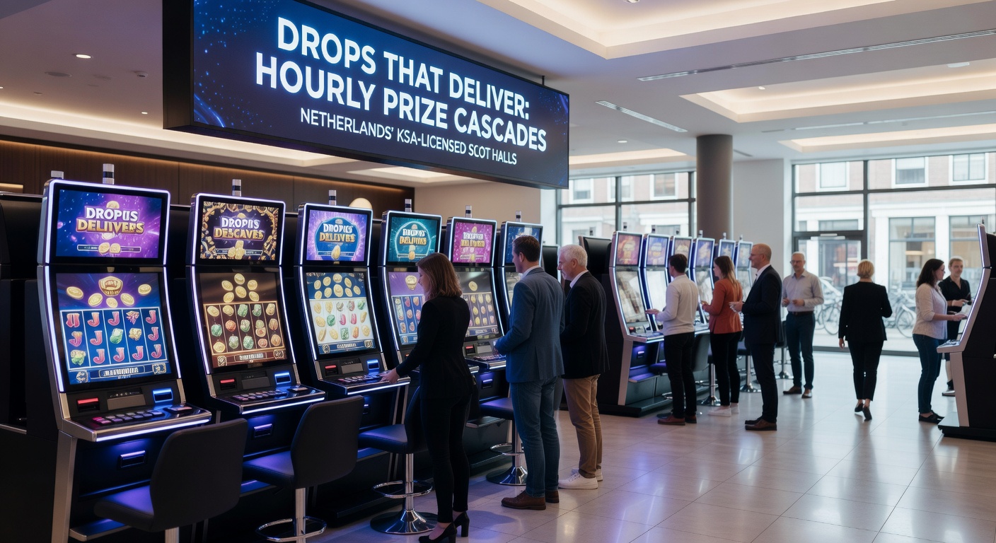 Close-up van een prijs cascade op een modern slot in een Nederlandse KSA-hall, met neon-effecten en vallende munten