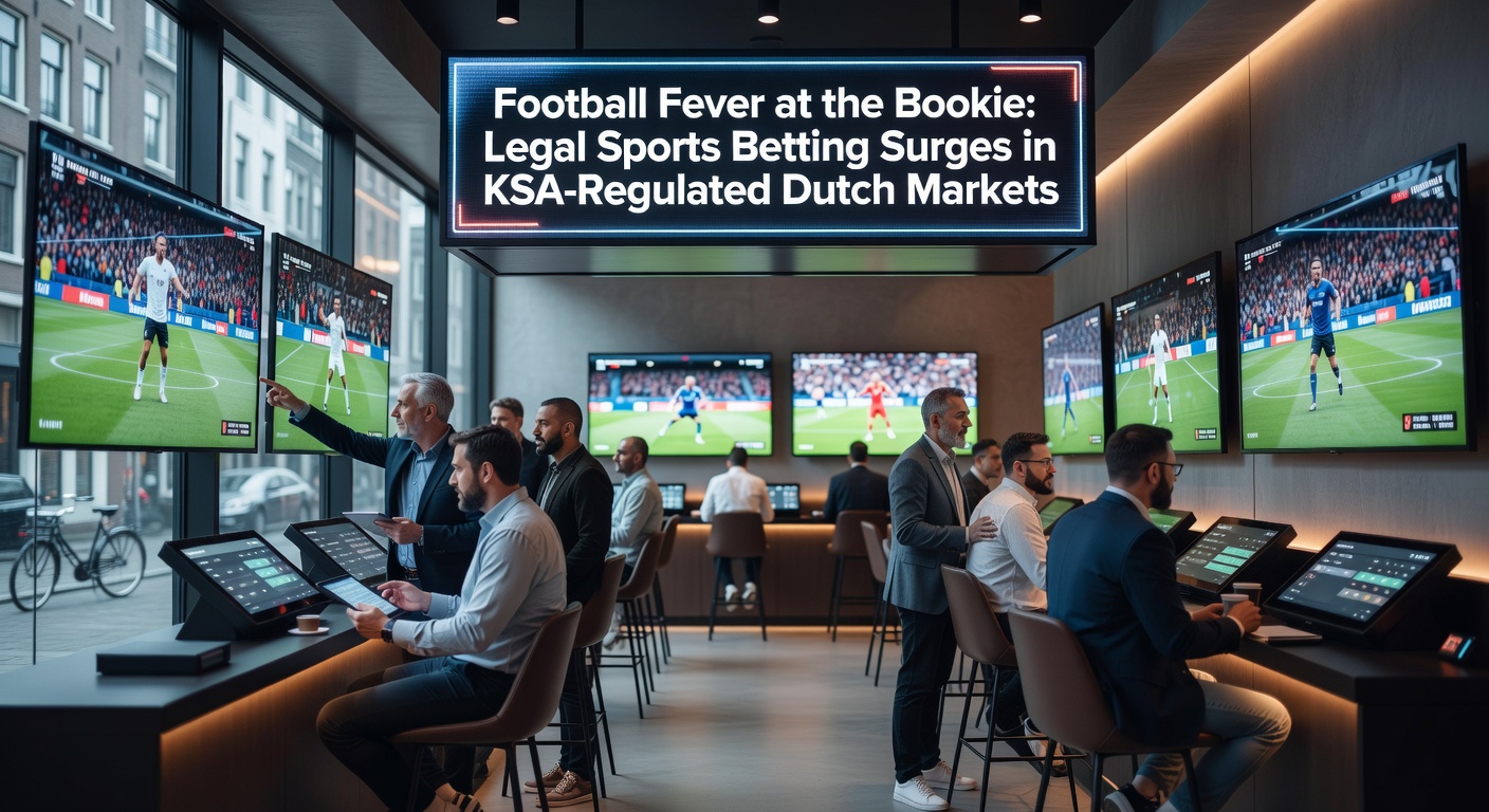 Fans juichen tijdens een spannende voetbalwedstrijd, met bookmakerschermen op de achtergrond die odds tonen voor Eredivisie-matches