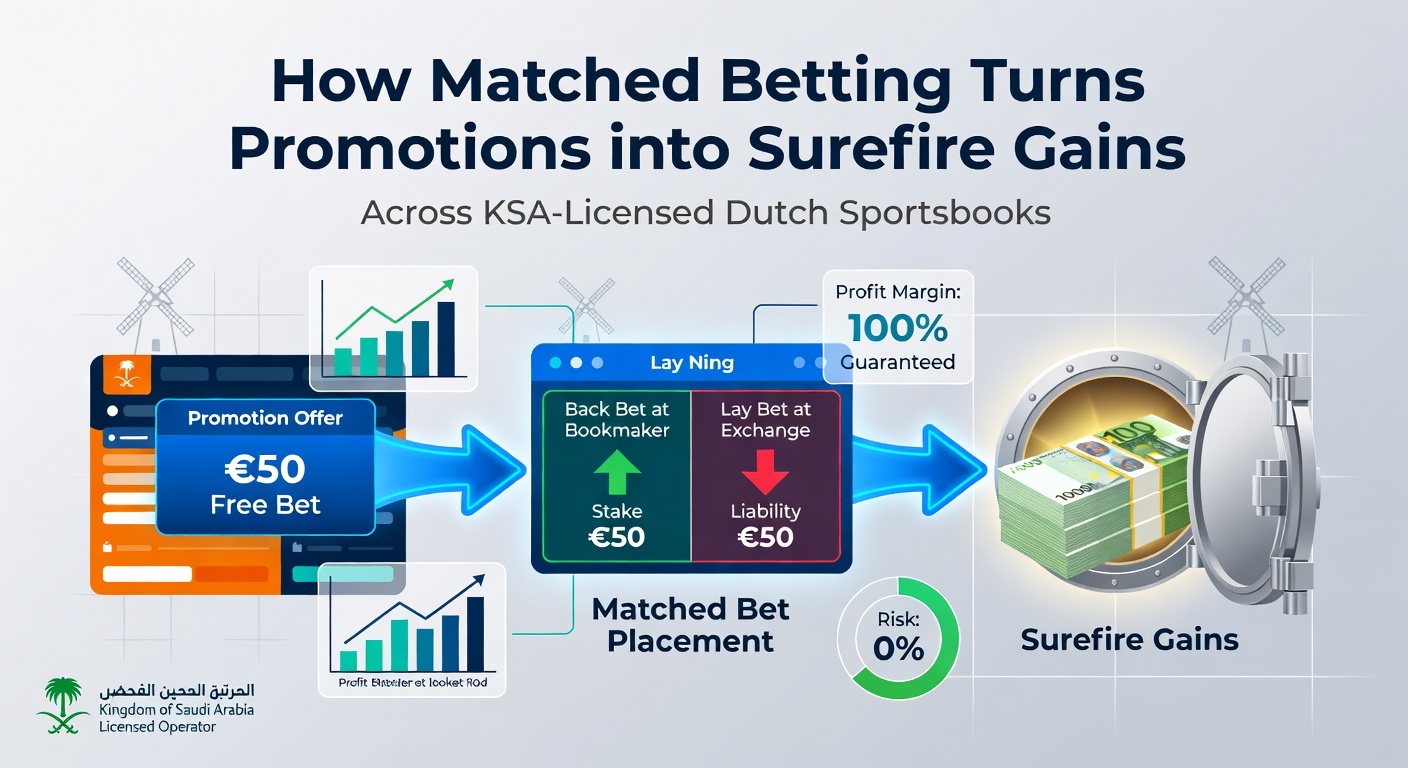 Grafiek met voorbeeld van een matched bet calculator, toonend back en lay stakes voor een voetbalwedstrijd met netto winst van €42.30