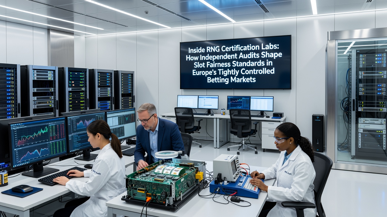 RNG-certificatielab met testers die slotsoftware analyseren onder gecontroleerde omstandigheden