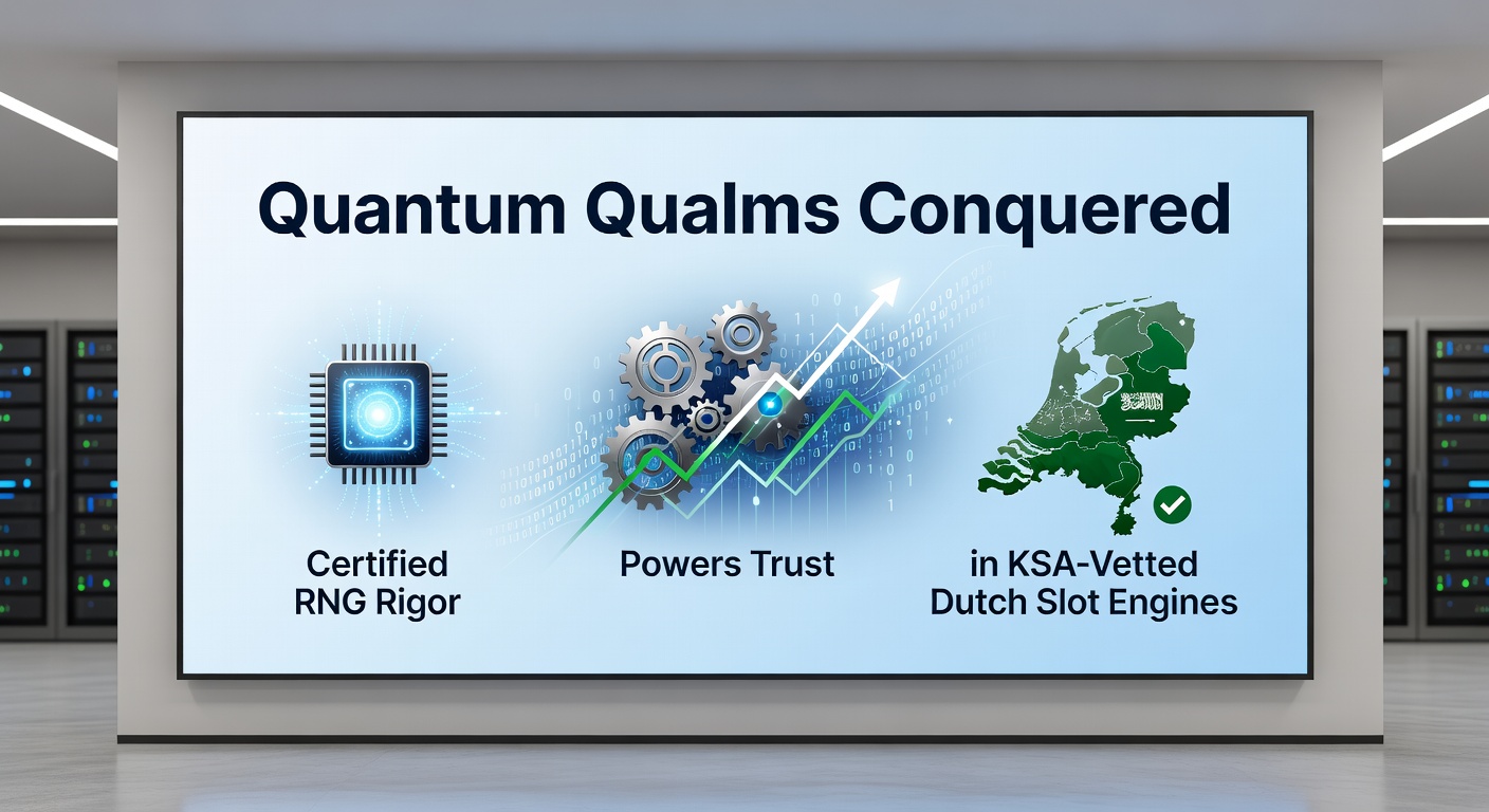 Grafische weergave van een quantum-gecertificeerde RNG in actie binnen een Nederlandse online gokkast, met symbolen van willekeur en KSA-keurmerk