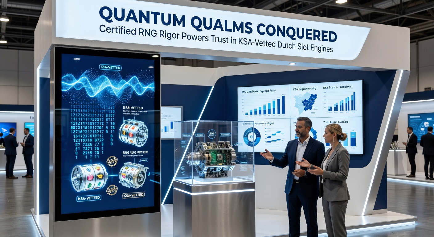 Close-up van KSA-certificeringstest op een quantum RNG-module voor Nederlandse online slots, met grafieken van willekeurtests en goedkeuringsstempels
