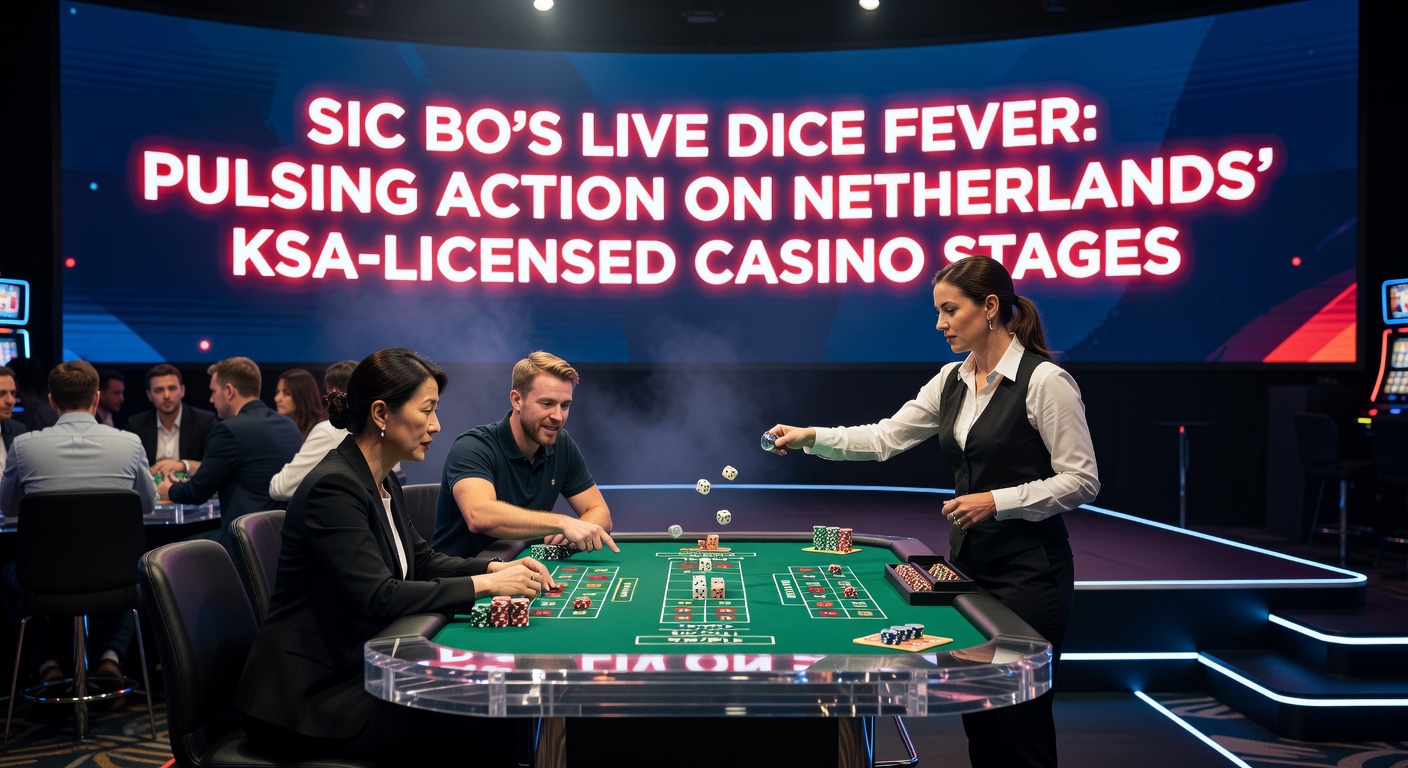 Live Sic Bo tafel met dealer die drie dobbelstenen schudt in een transparante kooi, omringd door digitale inzetopties op een KSA-gelicentieerd Nederlands casino-platform