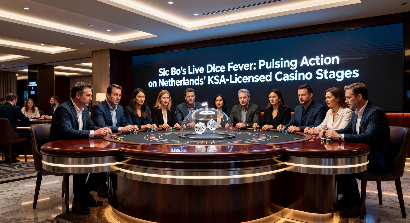 Speler aan een digitaal Sic Bo-scherm met actieve inzetten op som 12 en Any Triple, dealer in de achtergrond rolt de dobbelstenen tijdens een live stream uit een Nederlands KSA-casino