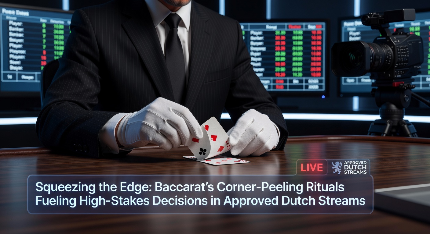 Live baccarat tafel waar een speler langzaam de hoek van een kaart optilt tijdens een high-stakes sessie in een Nederlandse stream