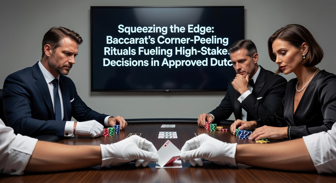 Close-up van een hand die de hoek van een baccarat kaart langzaam optilt, met high-stakes chips op de achtergrond in een live Nederlandse casino stream