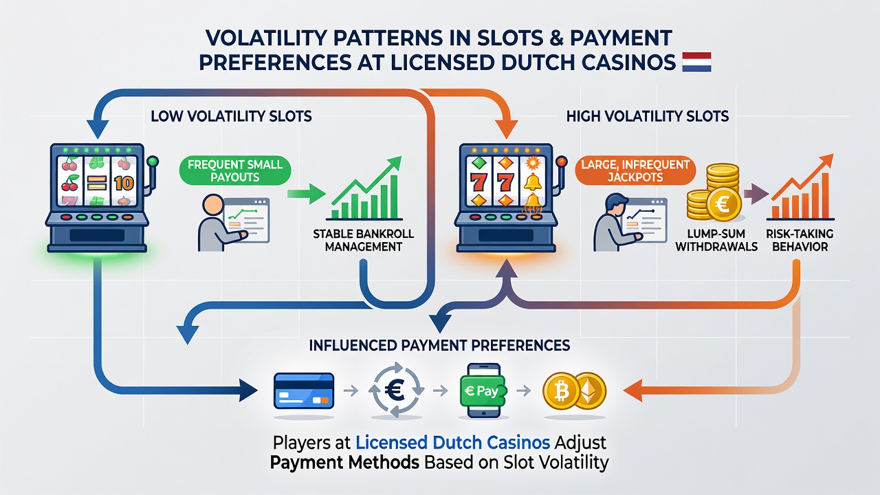 Illustratie van spelers die betaalmethoden selecteren op basis van slotvolatiliteit in Nederlandse casino's